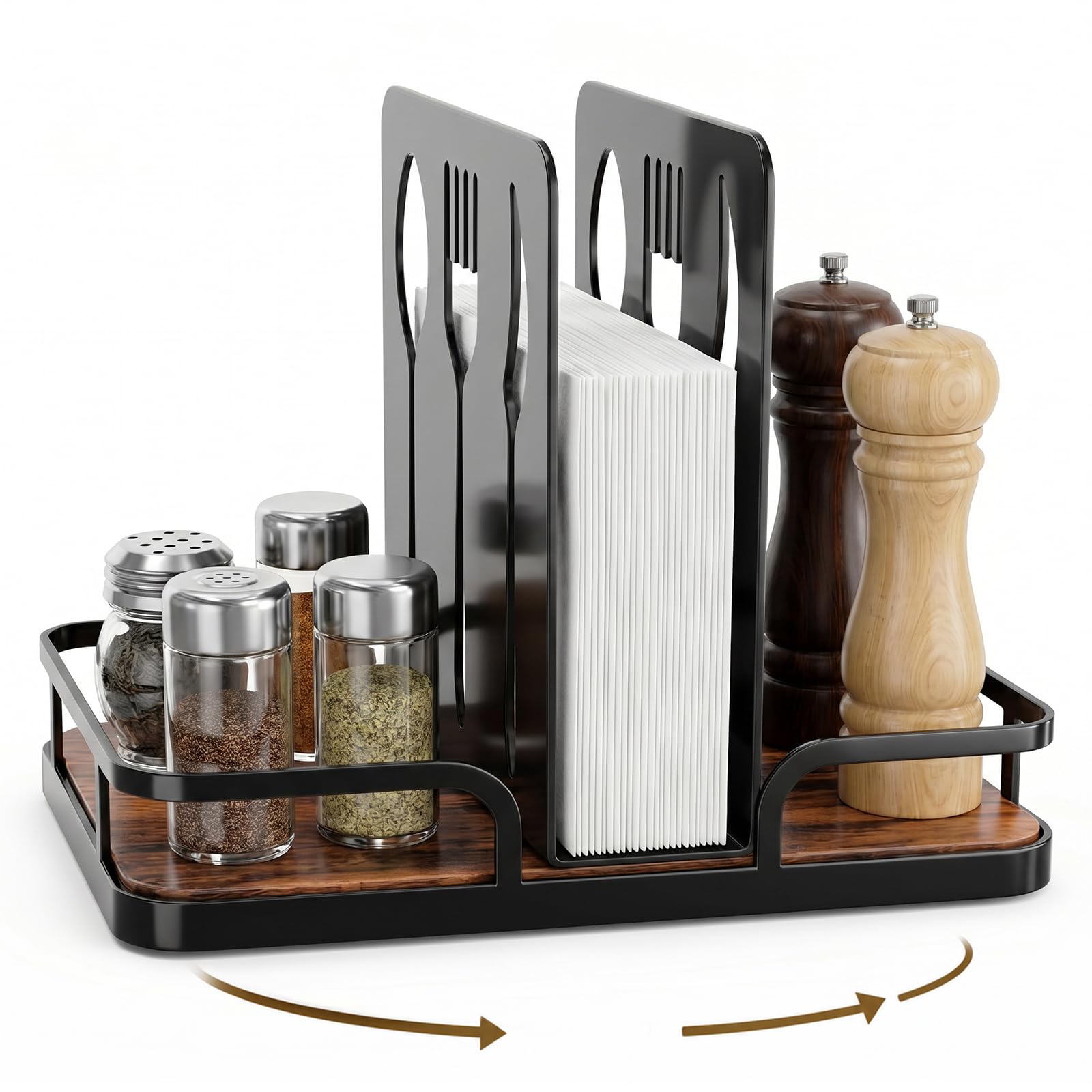 Baajradu Napkin Holder for Table with Salt and Pepper Shakers Caddy, Farmhouse Kitchen Counter Organizer with Bamboo Base, Dinin