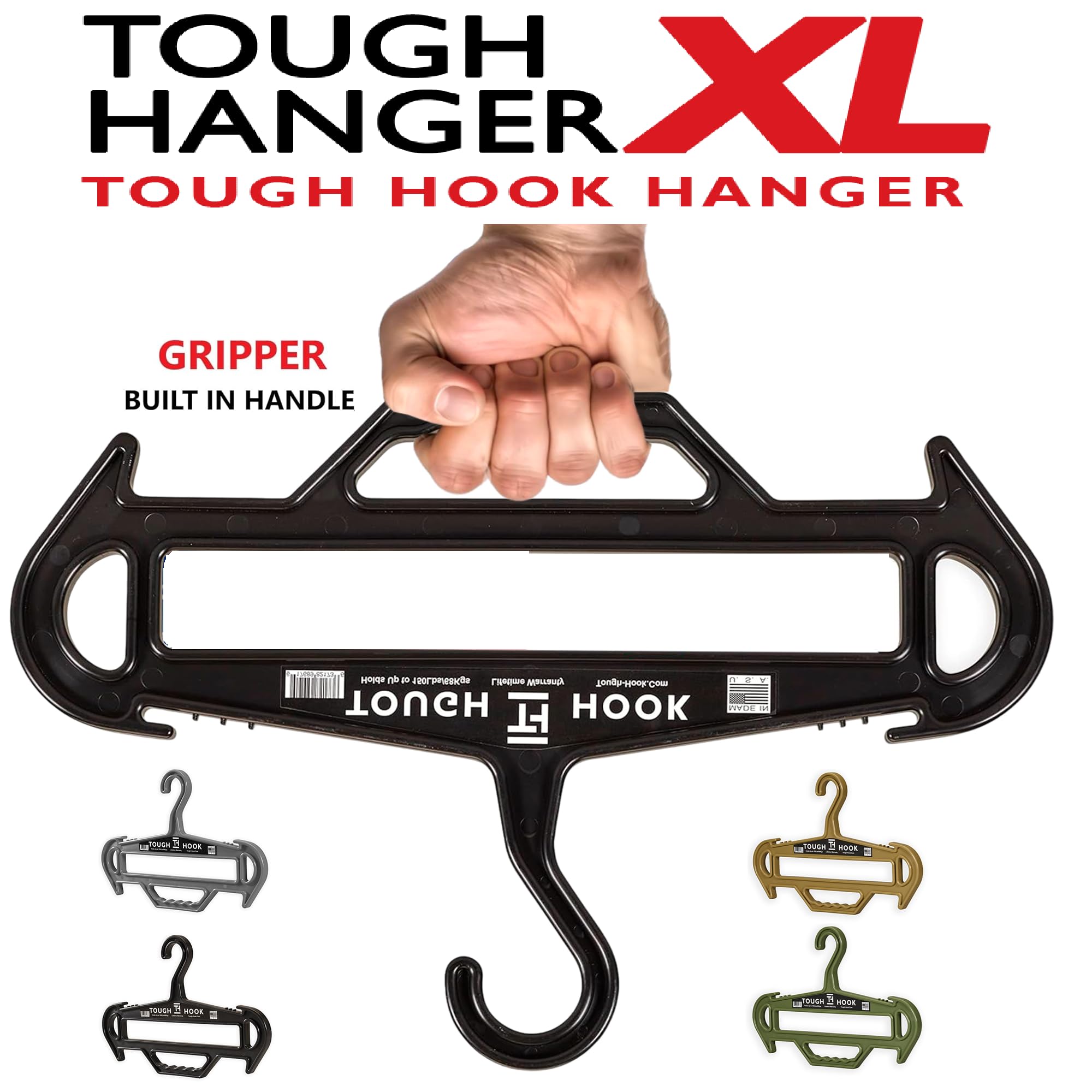 Tough Hanger XL | American Made | Unbreakable Heavy Duty Hanger | GRIPPER Built-in Carry Handle | A Beast of a Hanger | Premium Military Grade | X-Large Hanger |180 LB Capacity | |Veteran Owned (Grey)