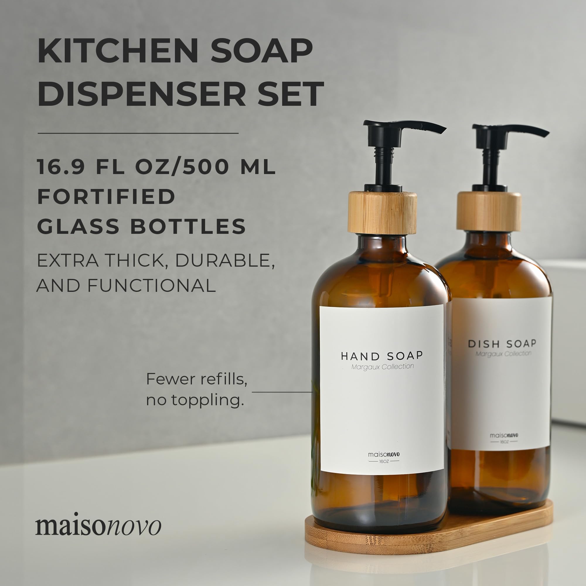 Maisonovo Kitchen Soap Dispenser Set - Glass Soap Dispenser With Pump - Amber Bamboo Black Pump 16.9 Fl Oz - Bathroom Soap Dispe