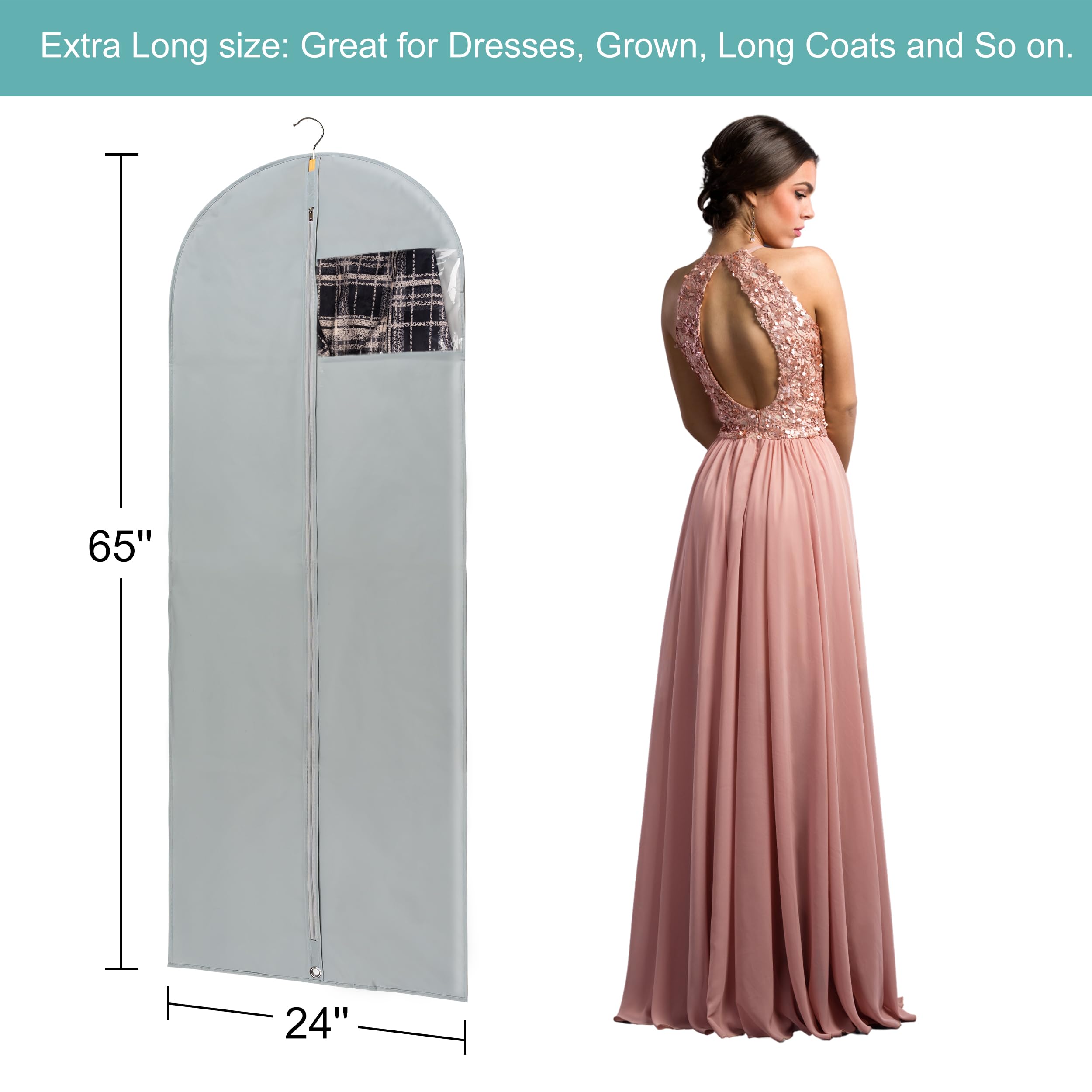Mskitchen Dress Bags For Gowns Long, 65'' Long Dress Bags For Hanging Clothes Clear Windows Foldable Long Garment Bag For Storag