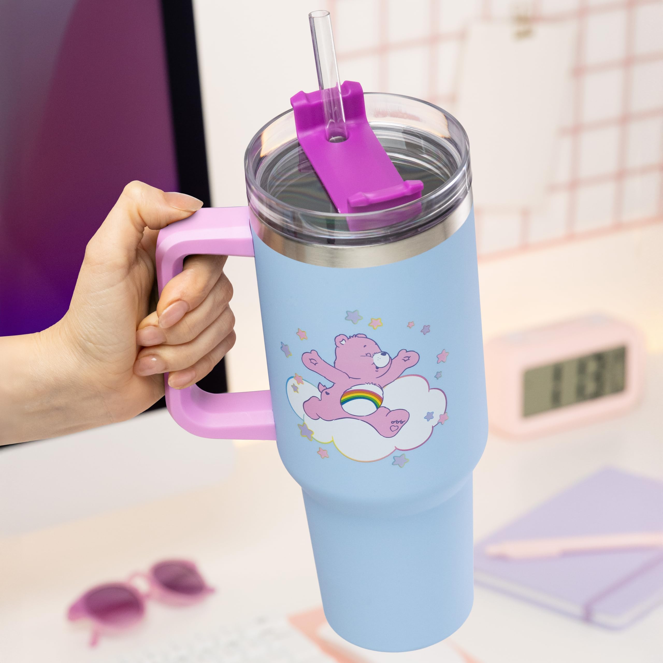 Paladone Care Bears 1.2L Blue Insulated Cup and Straw, Officially Licensed Quencher Bottle with Handle for Water, Iced Tea, Coff