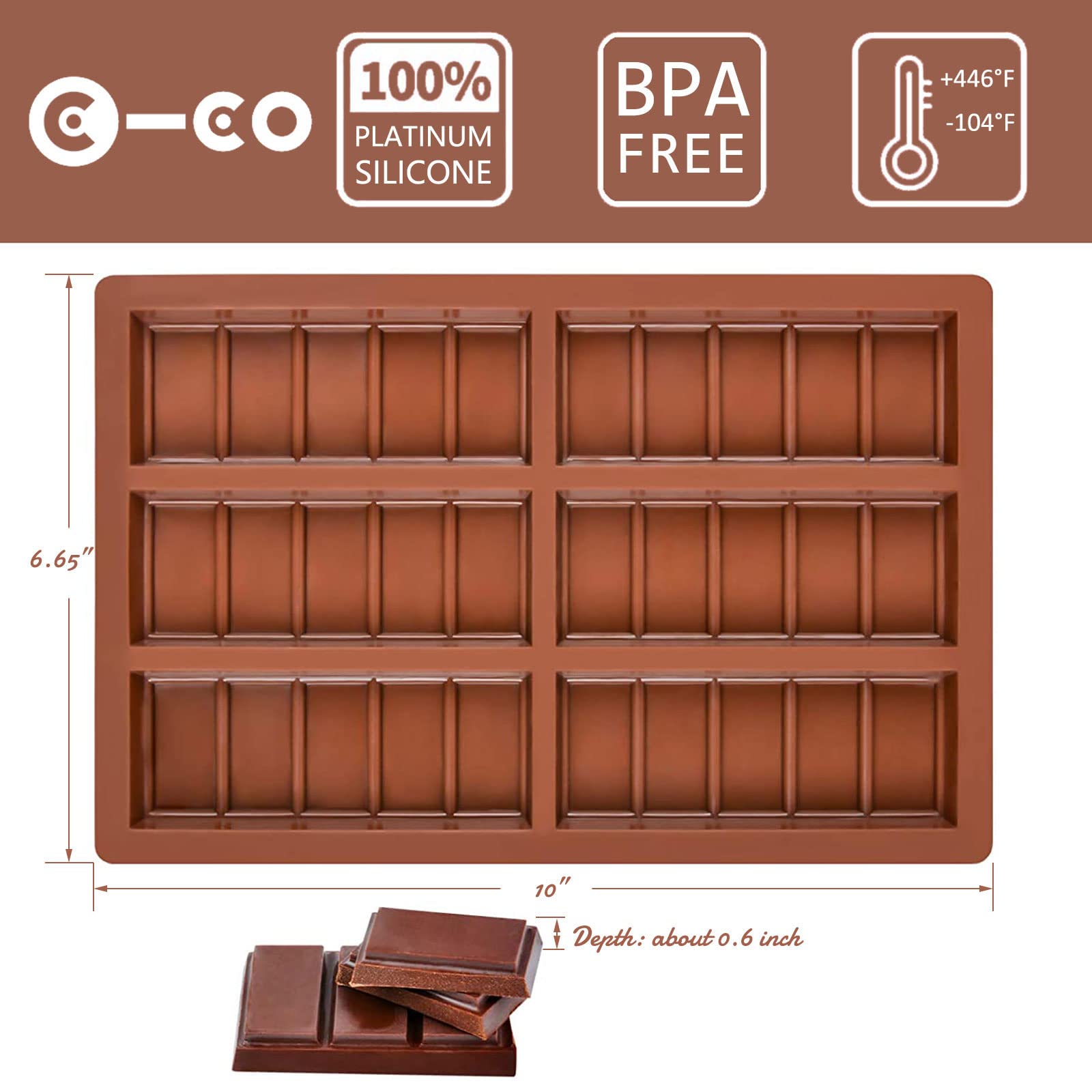 C-Co Food Grade Break-Apart Chocolate Molds, Silicone Chocolate Bar Sweet Molds Hot Chocolate Energy Bar Moulds Rectangle Baking