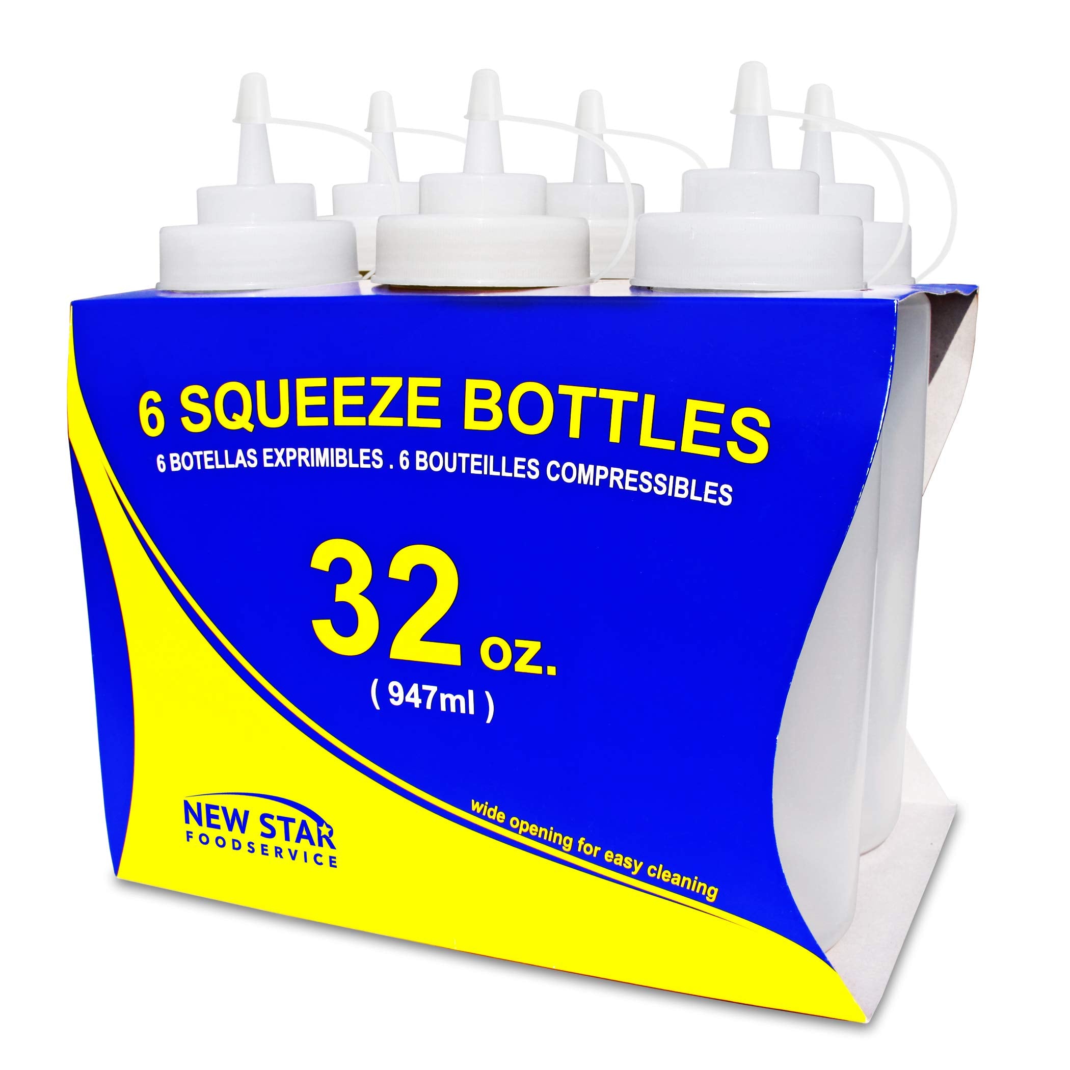 New Star Foodservice 26269 Squeeze Bottles Plastic, Wide Mouth With Caps, 32 Oz, Clear, Pack Of 6