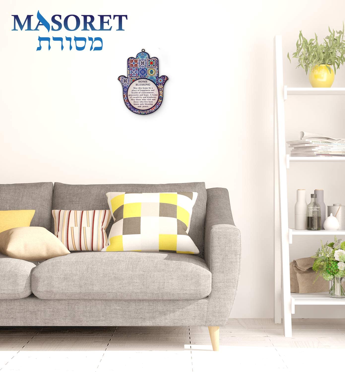 MASORET Good Luck Hamsa Hand Wall Hanging Decor Home Blessing Evil Eye Protection Amulet Hebrew Blessing Set 5