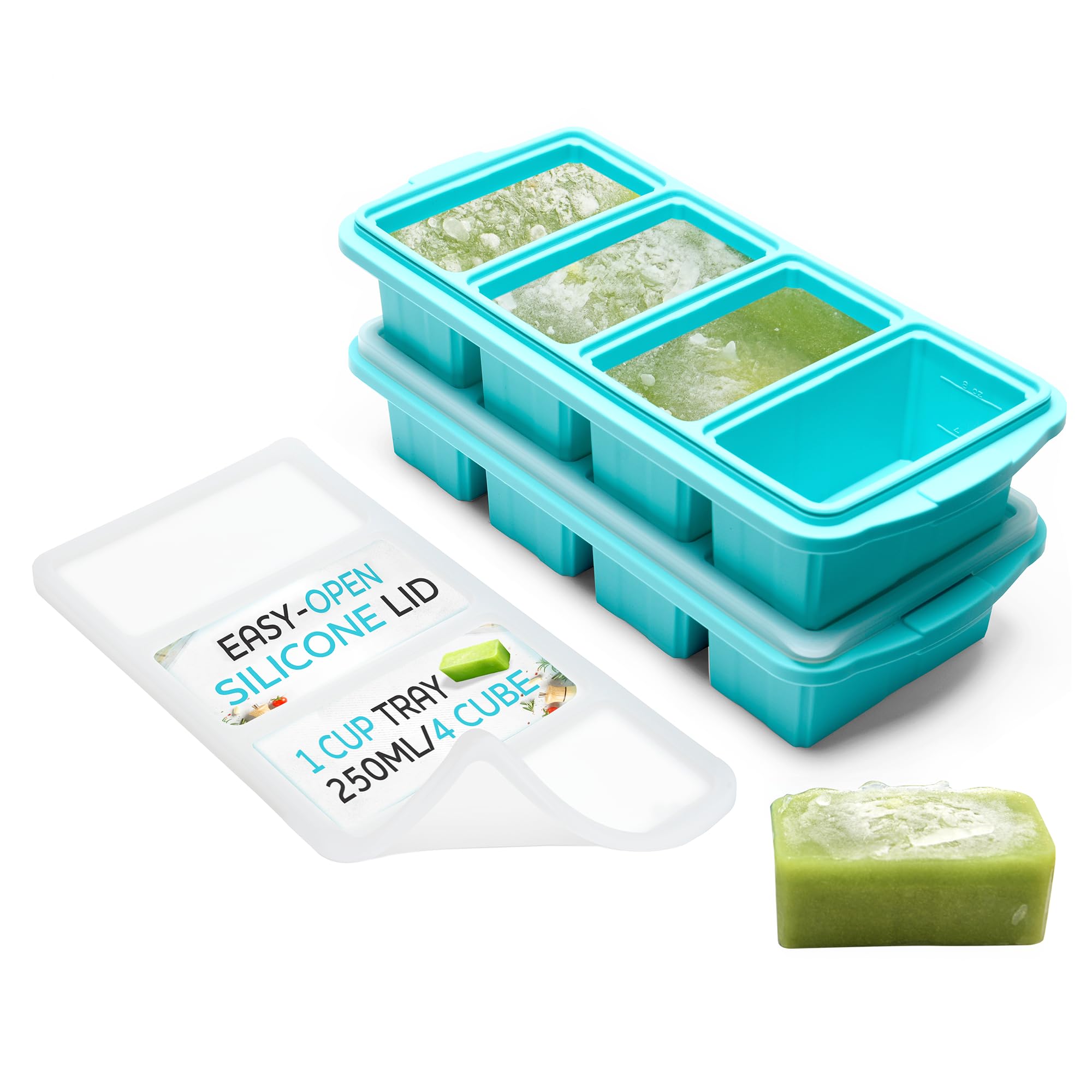 Xomoo Silicone Freezer Tray With Lid - Soup Freezer Container Molds - Large Ice Cube Tray- Makes 8 Perfect 1 Cup Portions Cubes,