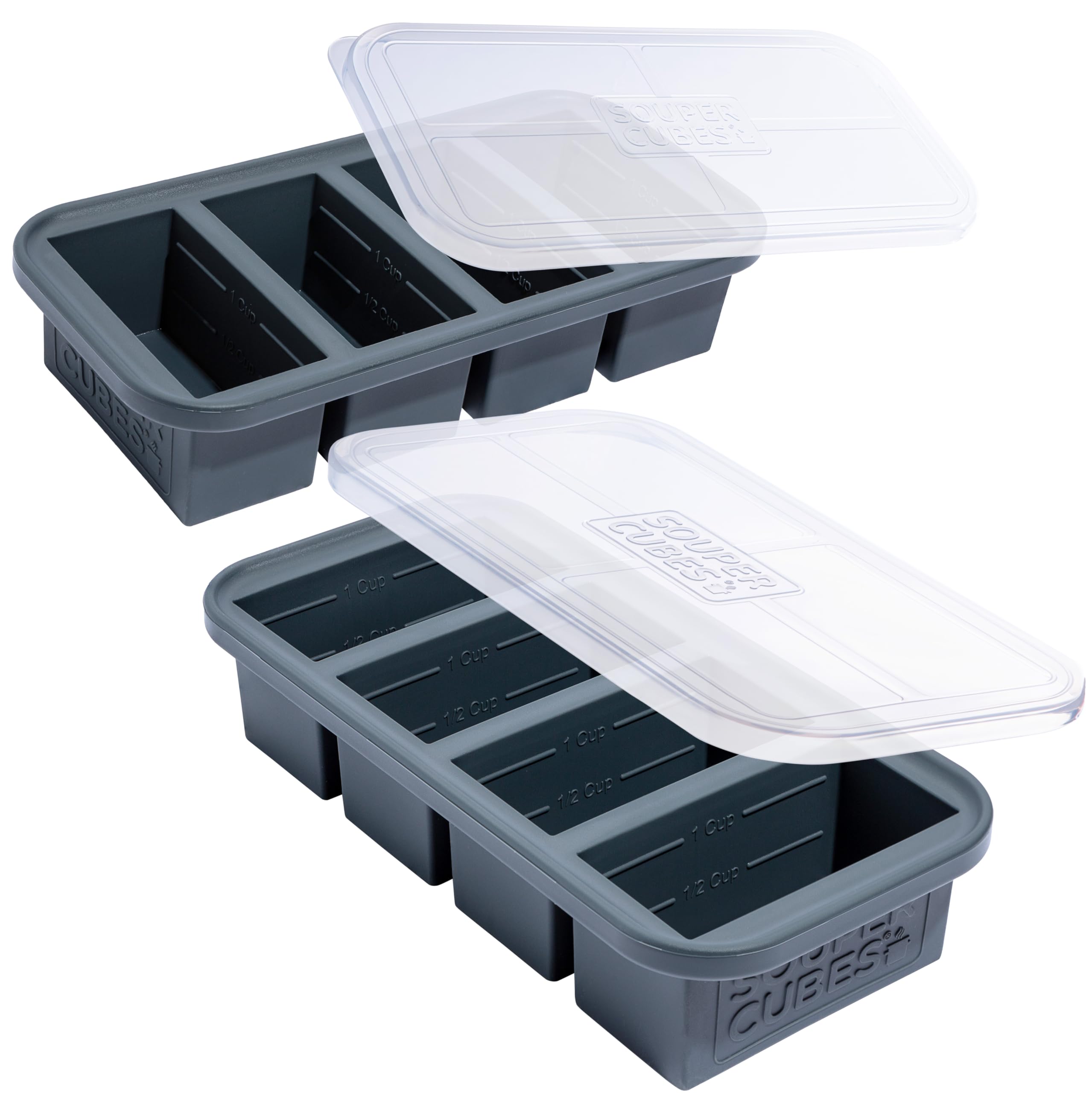Souper Cubes 1 Cup Silicone Freezer Tray With Lid - Easy Meal Prep Container and Kitchen Storage Solution - Silicone Molds for Soup and Food Storage - Charcoal - 2-Pack