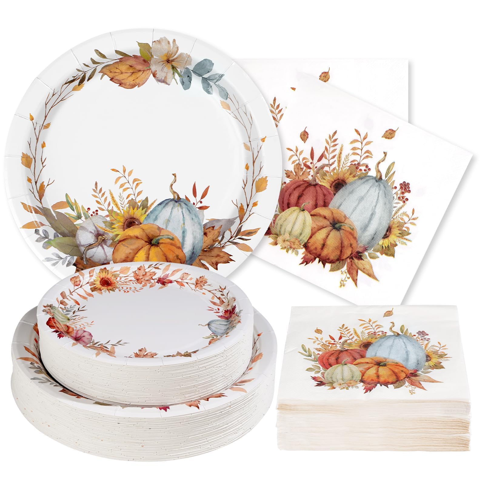 Grencian 200pcs Fall Paper Plates and Napkins Party Supplies Autumn Pumpkin Party Tableware Set Disposable Plates 350GSM Thanksg
