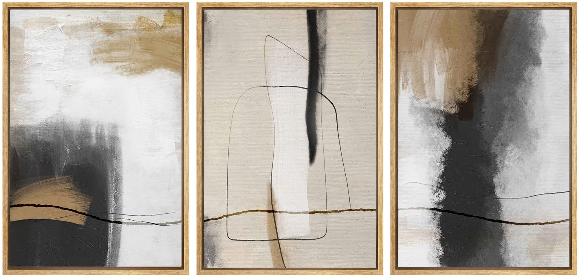Signwin Framed Canvas Print Wall Art Set Geometric Line Brown Black Pastel Color Field Abstract Shapes Modern Art Colorful For L