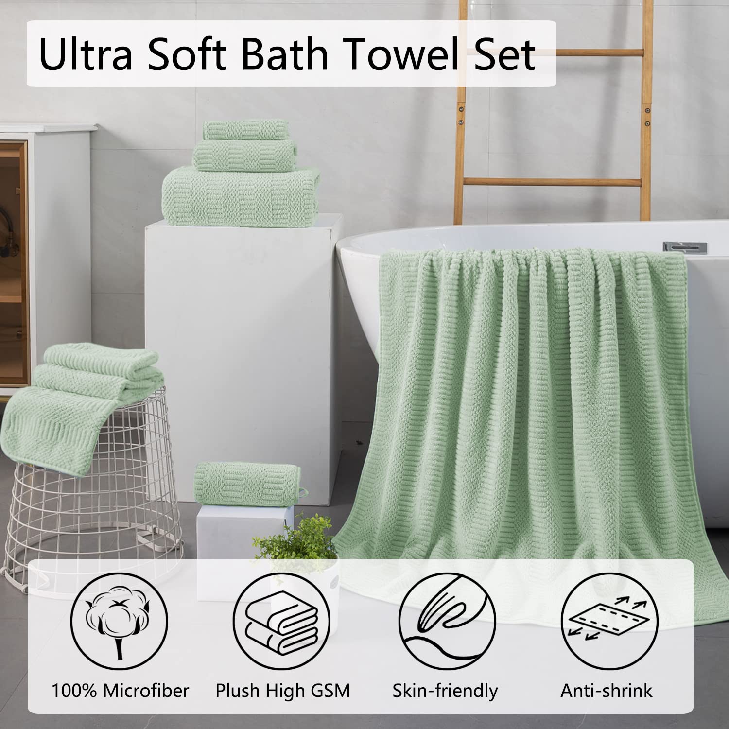 Oliven 4 Pcs Green Bath Towel Set - Extra Large 35"x70", 600GSM Soft Highly Absorbent Quick Dry Towels for Bathroom, Hotel, and Spa