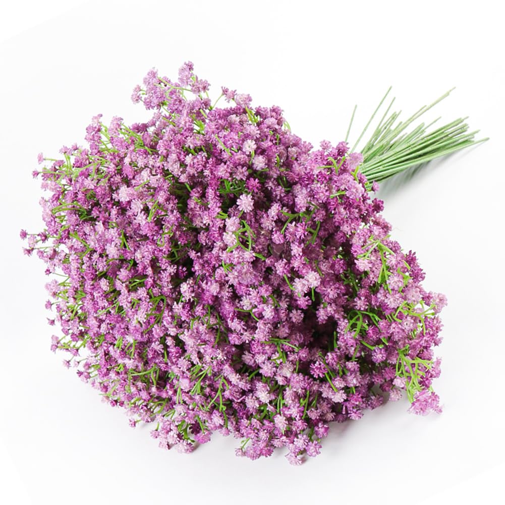 DEEMEI Artificial Baby Breath Flowers Purple Gypsophila Bouquets 15 pcs Real Touch Flowers for Wedding Party Home Decoration