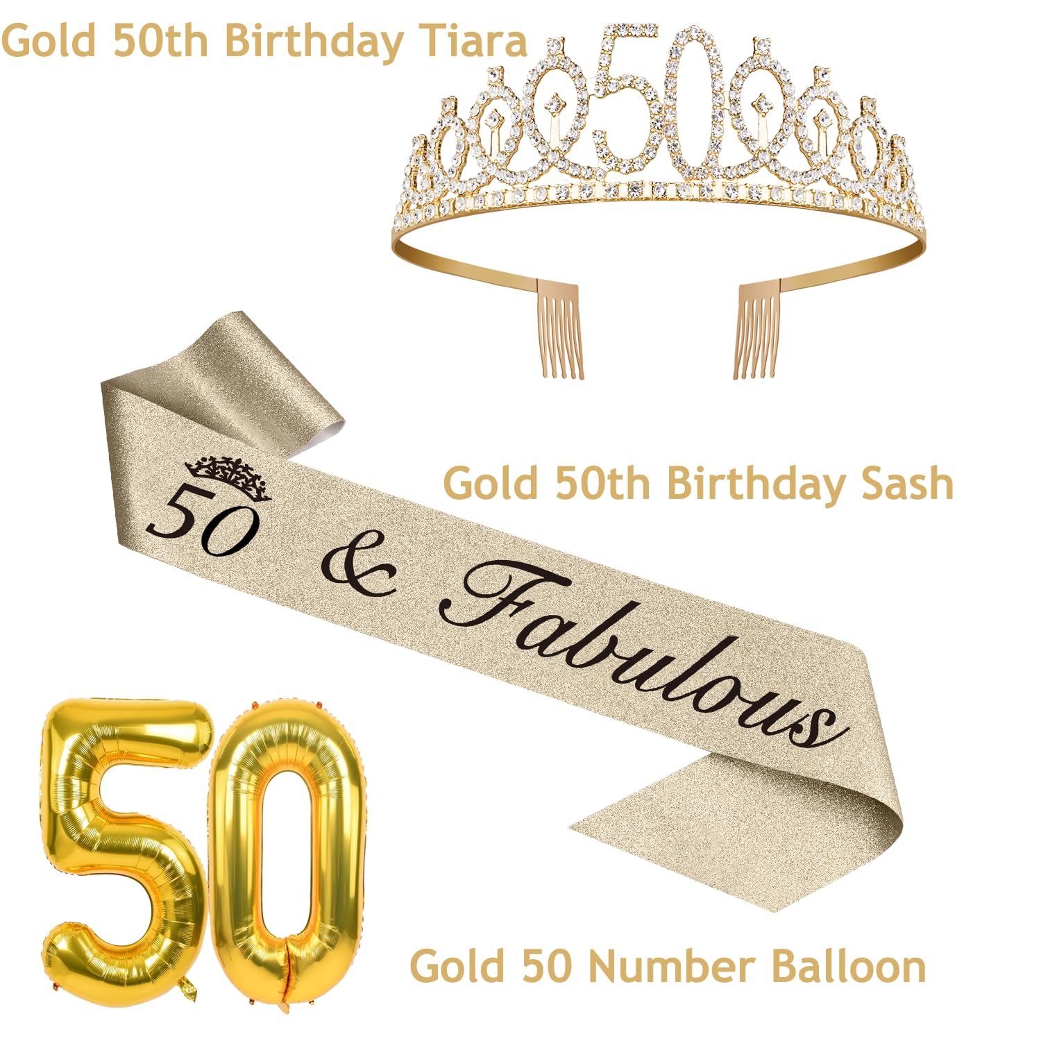 50Th Birthday Decorations For Women Gold With 50Th Birthday Sash And Tiara, 50Th Birthday Cake Topper And 50 Candles, Big Gold 5