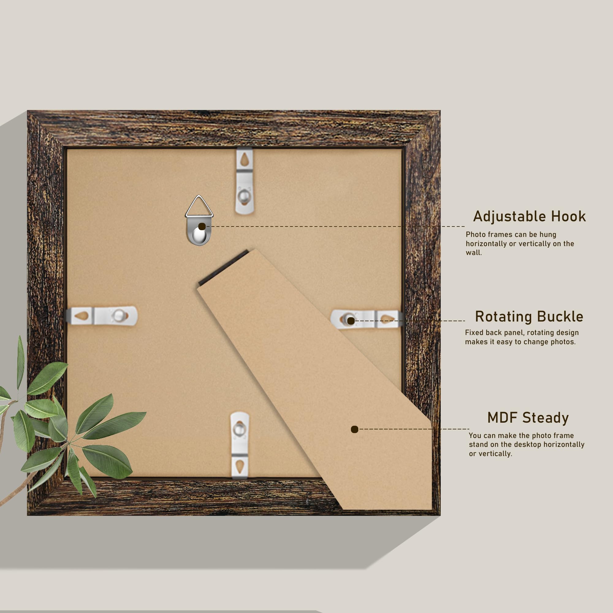 Fisnish 8x8 Picture Frame Sef of 10, Display Pictures 5x5 with Mat or 8 x 8 Without Mat, Brown Photo Frame Collage for Wall Gall