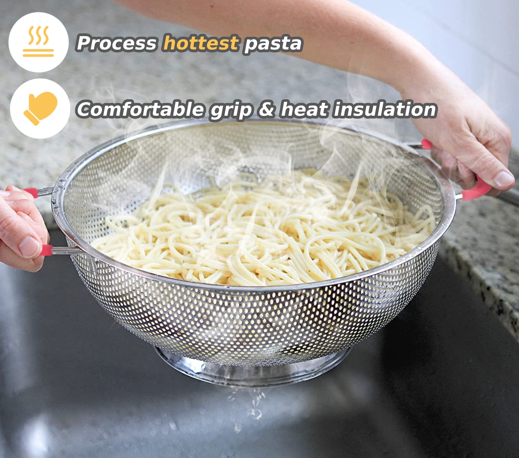 5-Quart Colander 18/8 Stainless Steel Colander Silicone Handle Large Heavy Duty Professional Kitchen Strainer Great For Pasta, B