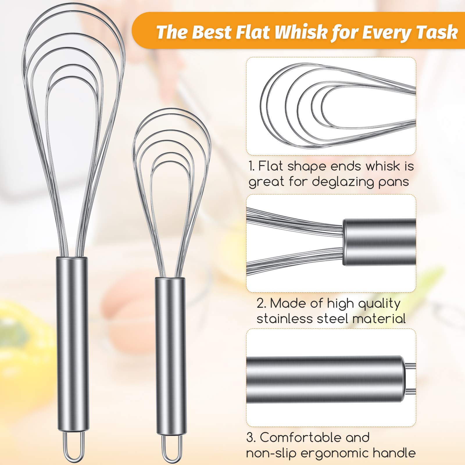 Patelai 2 Pieces Flat Whisk Stainless Steel Flat Wire Egg Whisk Set 8 Inch And 10 Inch Portable Kitchen Sauce Whisks For Cooking