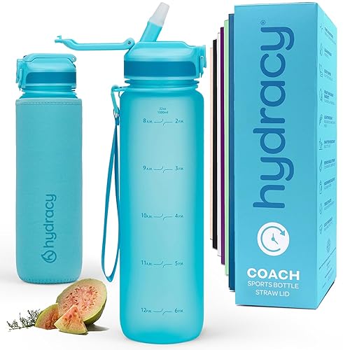 Hydracy Water Bottle with Times to Drink & Straw - Large 32 Oz BPA Free Motivational Water Bottle & No Sweat Sleeve -Leak Proof Gym Bottle with Time Marker - Ideal Gift for Fitness  Sports & Outdoors