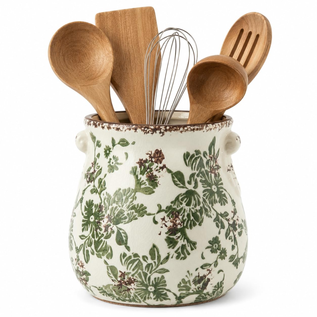 CozNido Vintage Ceramic Utensil Holder Sage Floral Crock 6.6 Inch
