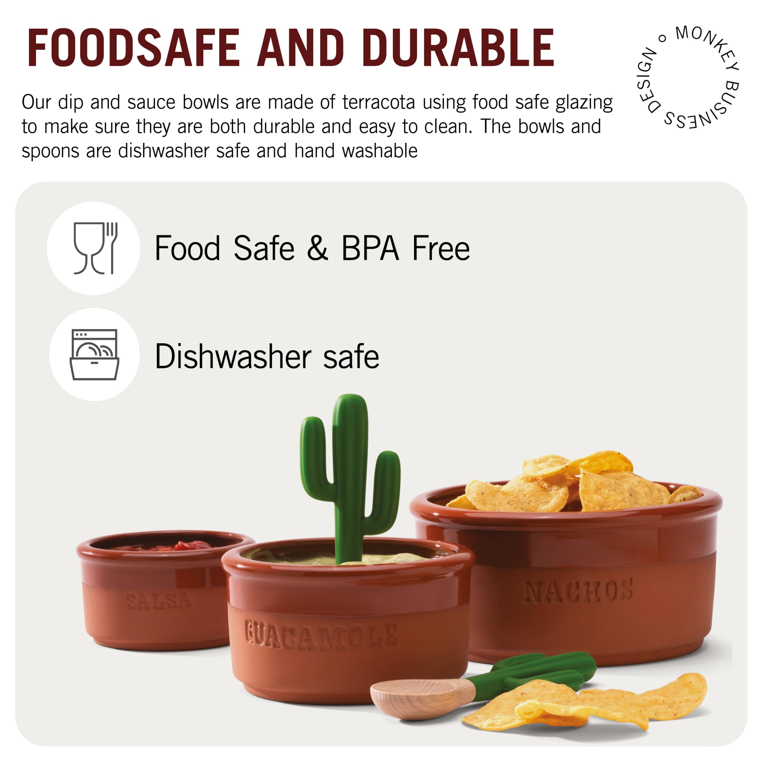 Monkey Business Bowlero Dipping Bowls Set, Terracotta Serving Bowls With 3 Dipping Sauce Bowls And 2 Dip Spoons, Decorative Mexi
