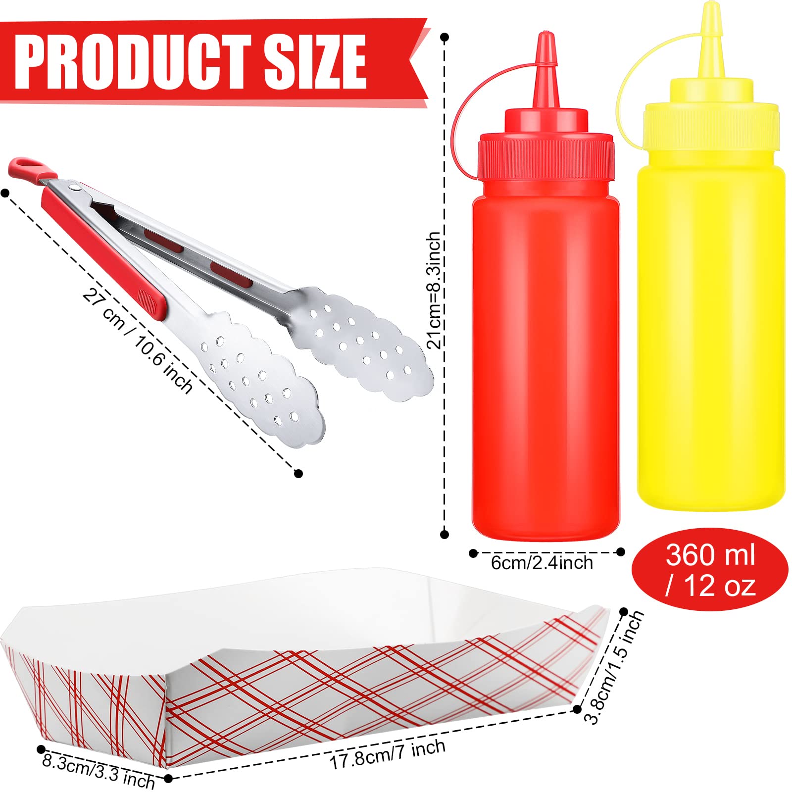 105 Pcs Hot Dog Accessories, 100 Pcs Disposable Paper Food Tray 3 Pcs 12 Oz Plastic Squeeze Bottle 2 Stainless Steel Cooking Ton