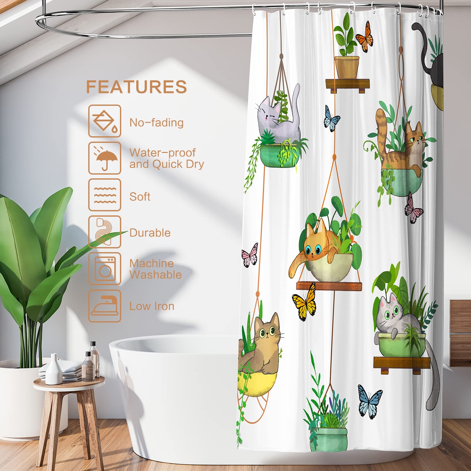 Hanging Potted Plants Cat Shower Curtain, Bracketplant Kitty Shower Curtain For Bathroom With 12 Hooks, Polyester Fabric Waterpr