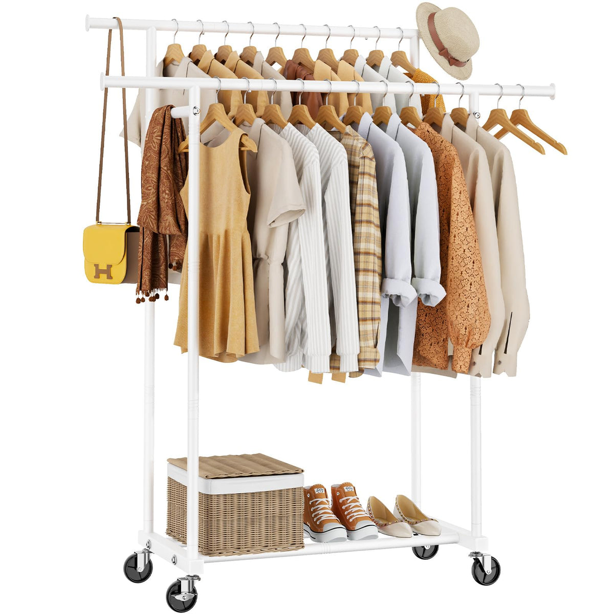Hyseyy Double Rods Clothes Rack, Sturdy Rolling Clothing Rack, Portable Clothing Racks For Hanging Clothes - Metal Garment Rack