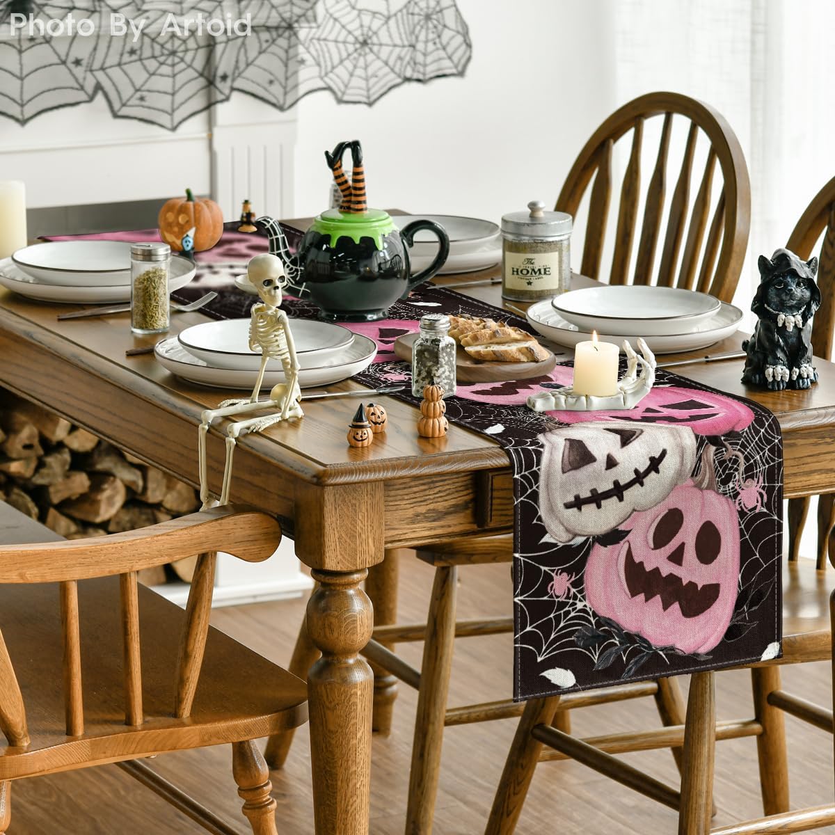 Artoid Mode Pink Pumpkins Spider Web Halloween Table Runner, Seasonal Fall Black Kitchen Dining Table Decoration For Home Party