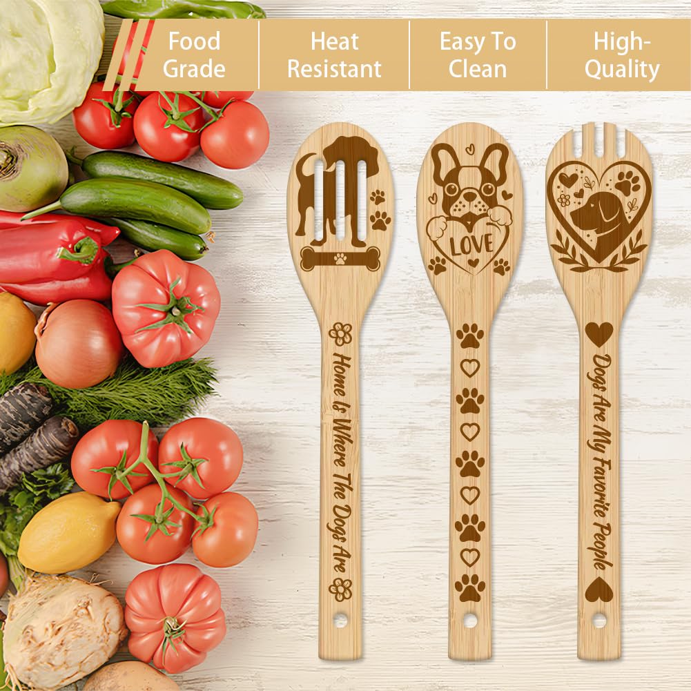 Globleland 6Pcs Dog Bamboo Cooking Utensils Wooden Pet Engraved Cooking Spoons Set Carving Kitchen Bamboo Spatula Set Wood Cooki