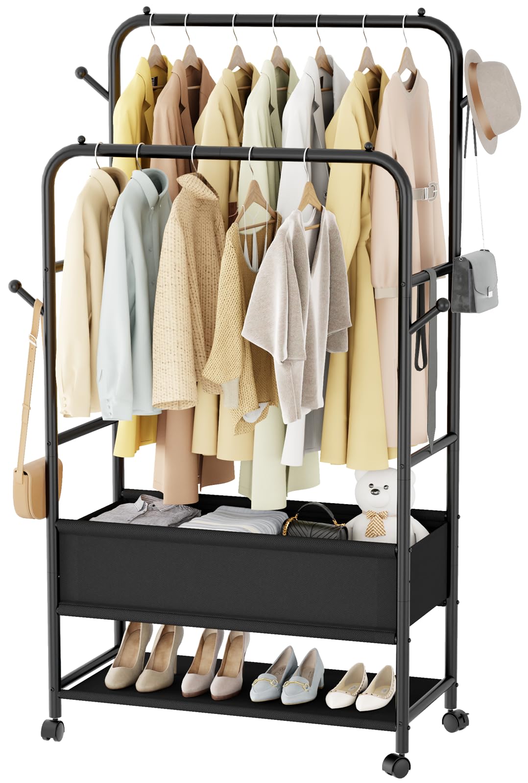 Furologee Double Rods Clothing Garment Rack With Wheels And Storage Box, Clothing Rack For Hanging Clothes With 4 Hooks, Portabl