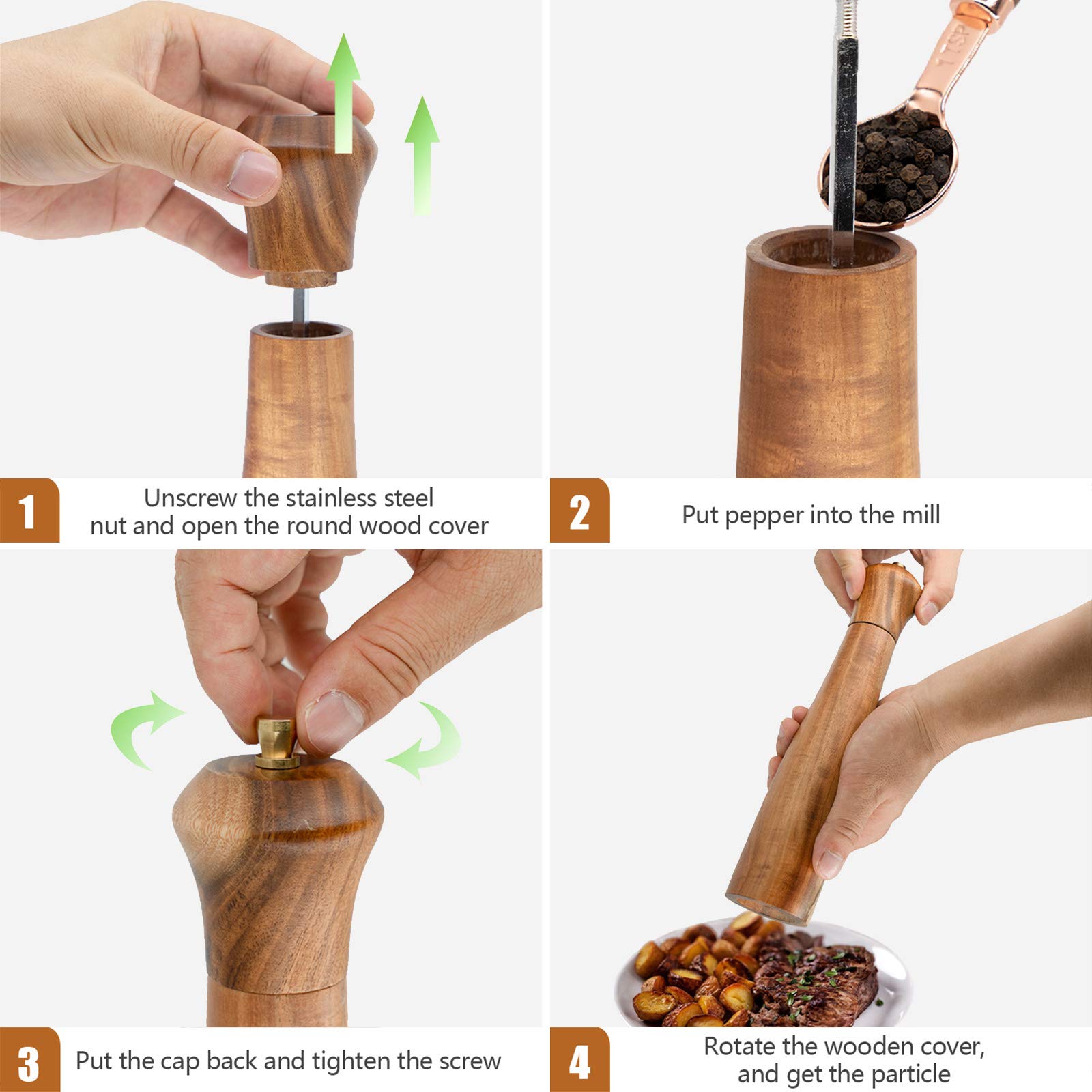 UNIOVC Wooden Pepper Grinder - 10" Acacia Wood Mill with Adjustable Coarseness - Salt & Pepper Shaker Tableware Gift