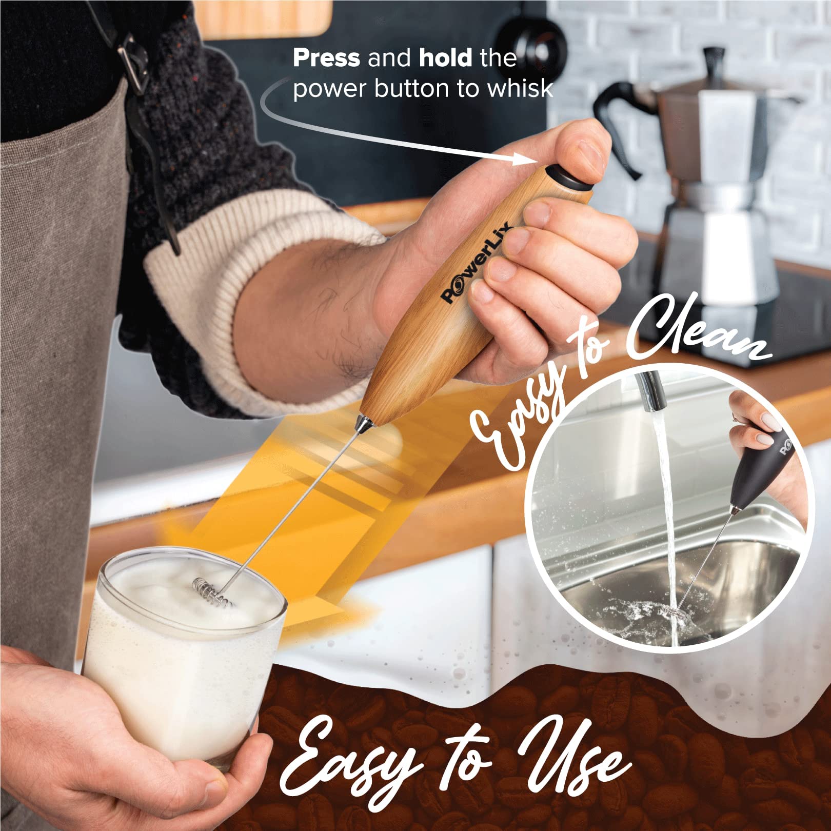 Powerlix Milk Frother Handheld Battery Operated Electric Whisk Foam Maker For Coffee, Latte, Cappuccino, Matcha, Hot Chocolate,
