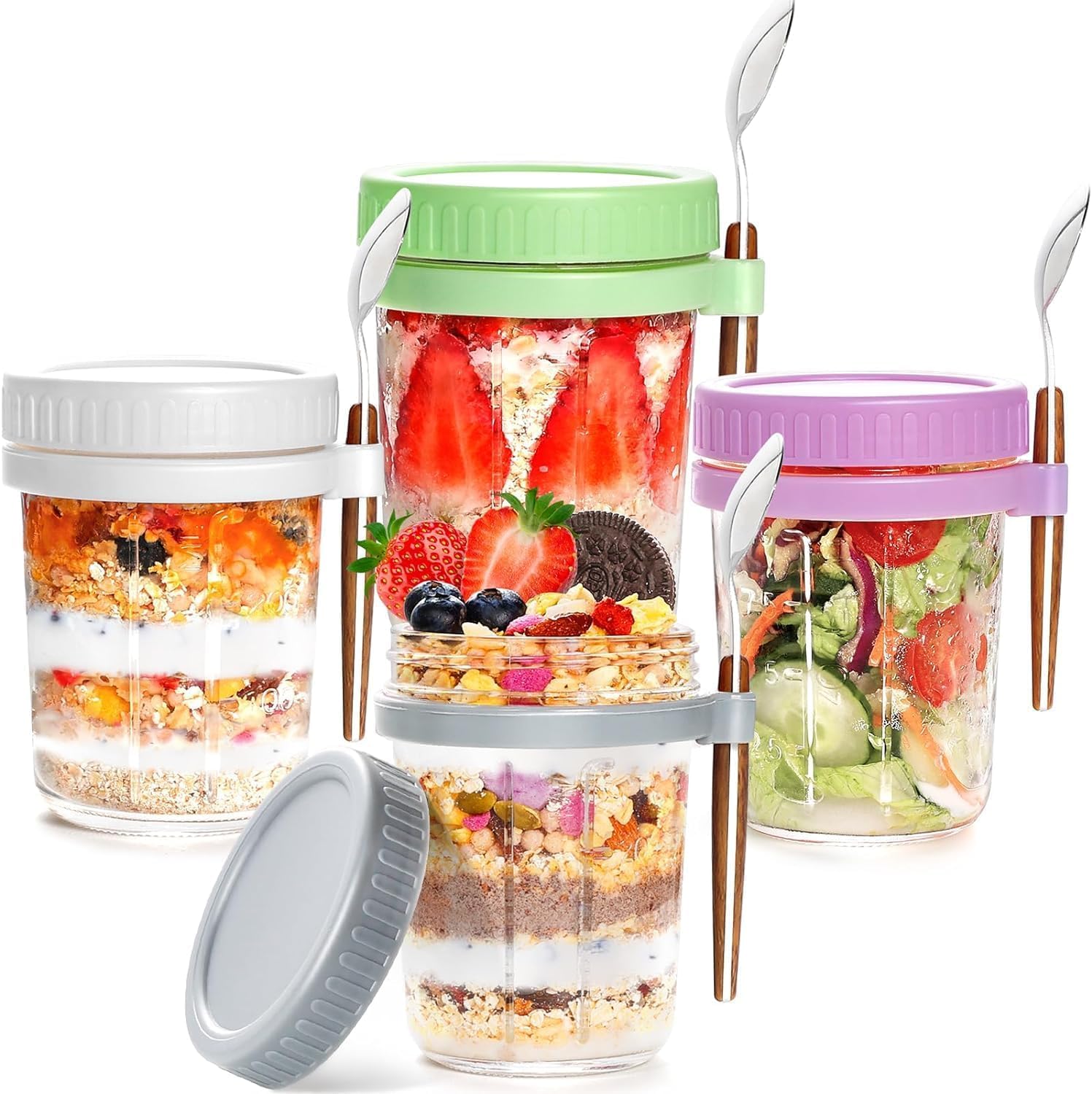 Kholad Overnight Oats Containers With Lids And Spoon,Mason Jars, 350Ml Glass Oatmeal Container To Go For Chia Pudding Yogurt Sal