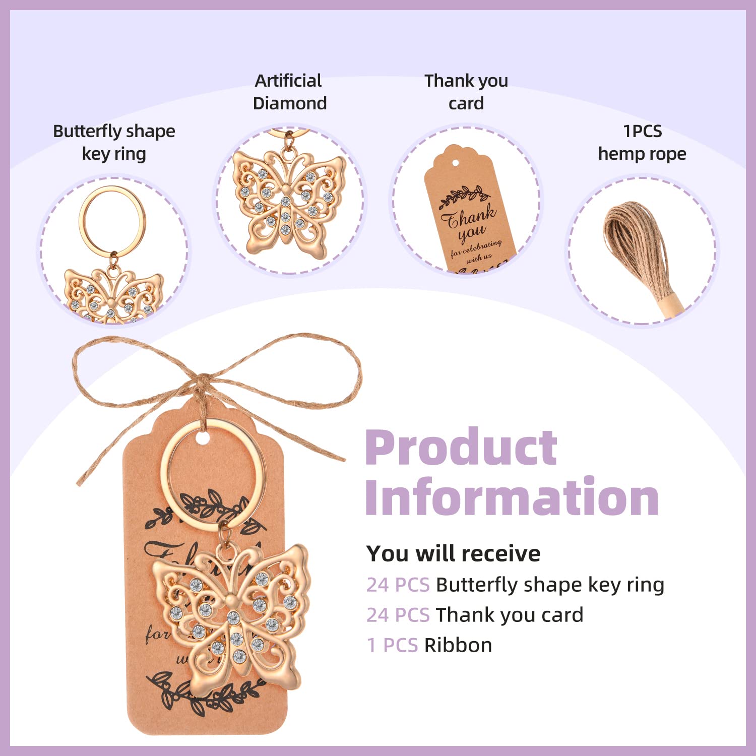 50Pcs Butterfly Keychain/Keyring For Baby Shower,Wedding Or Bridal Shower Party Favors,Gift,Souvenirs To Guests (Golden Butterfl