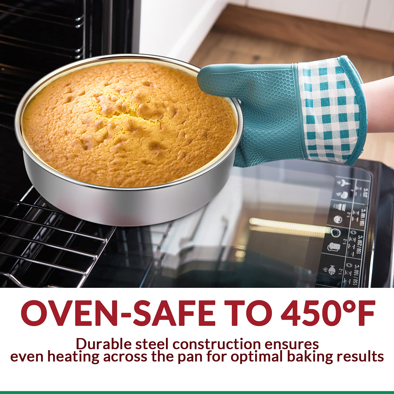 8 Inch Cake Pan Set Of 2, E-Far Stainless Steel Round Layer Cake Baking Pans With Parchment Rounds & Side Liner Roll, Non-Toxic