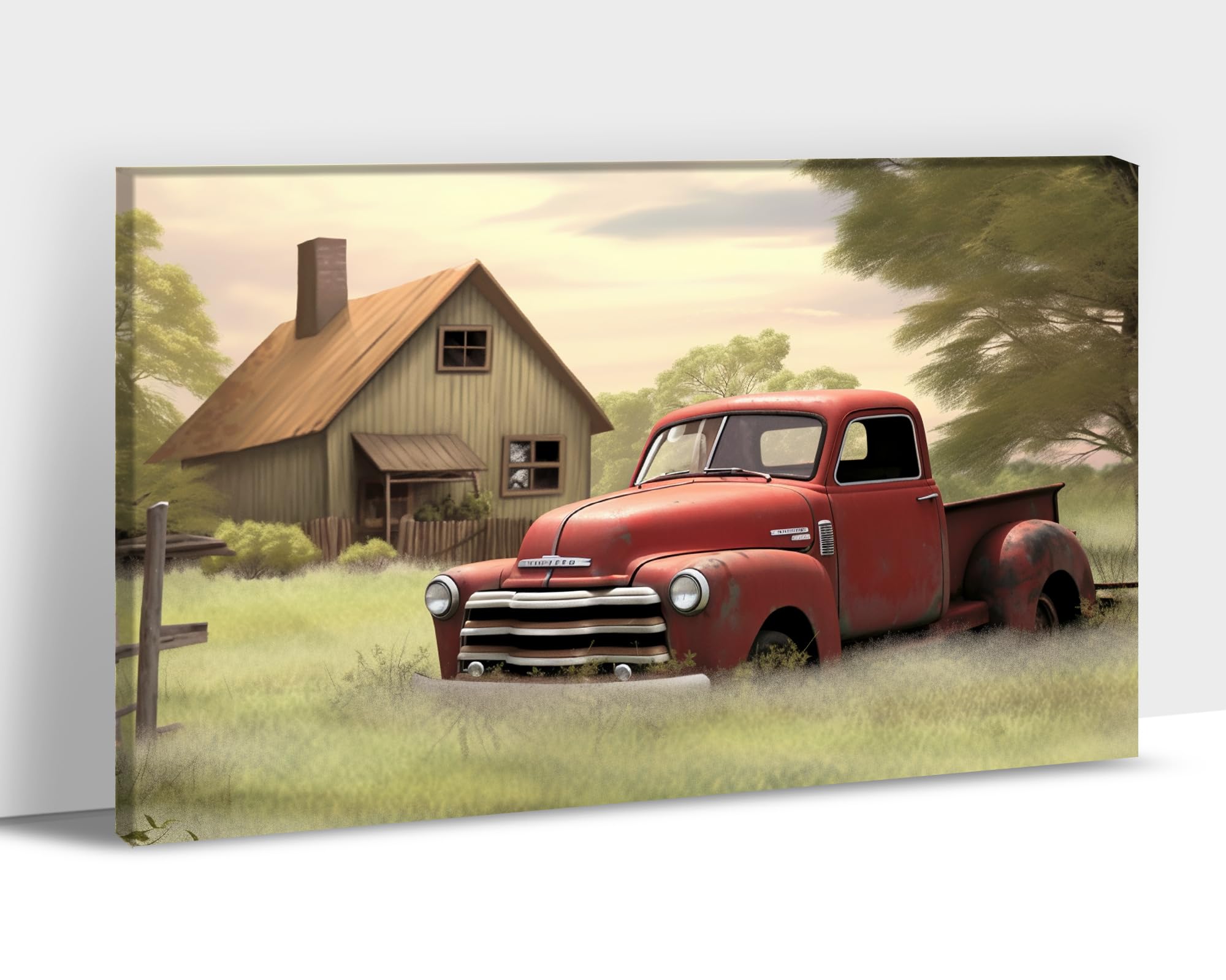 Farmhouse Truck Wall Art, Old Truck Canvas Prints, Barn Picture Wall Art For Rustic Home Decor, Rustic Landscape Canvas Painting