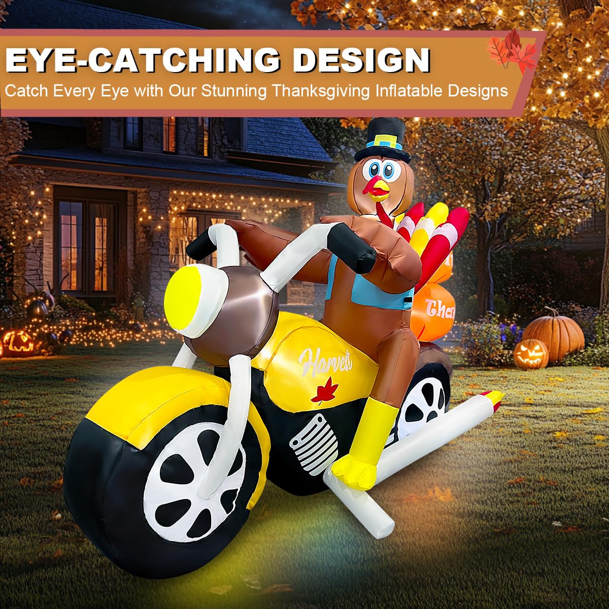 7FT Length Thanksgiving Inflatable Turkey Riding Motorcycle Decorations LED Lighted Blow Up Decoration Decor Home Yard Outdoor I