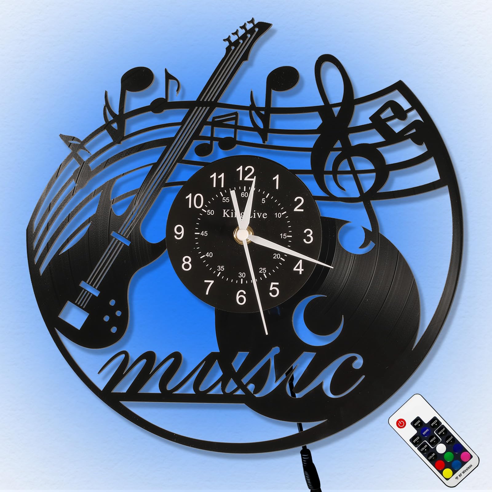 KingLive Led Wall Clock, Guitar Wall Clock Black Creative Hanging lamp 7 Colors Luminous Rock Clock for Men Gifts -12 inch Wall 