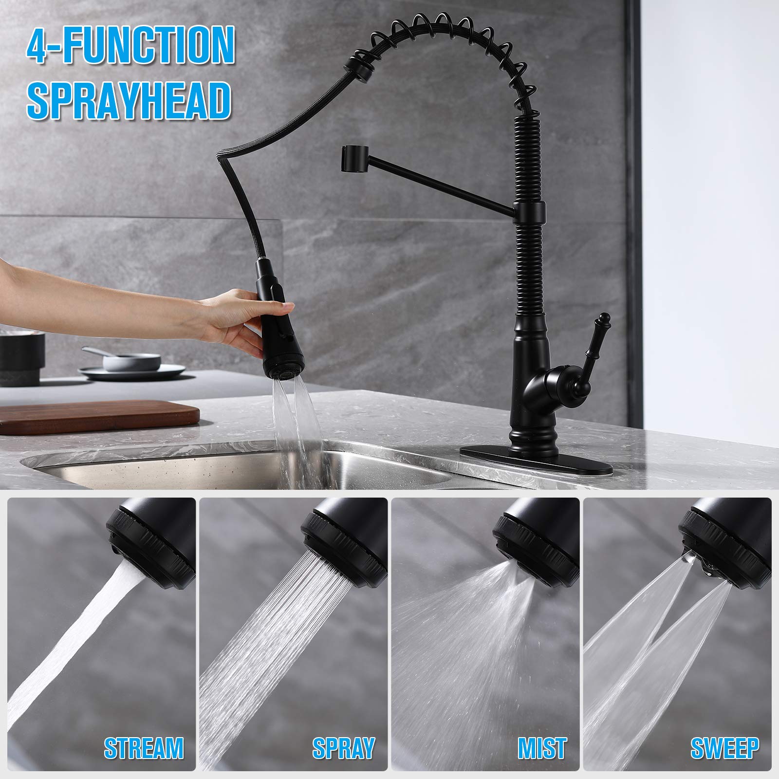 Single Level Kitchen Sink Faucet With Pull Down Sprayer, Single Handle Pull Out Kitchen Faucet, Matte Black