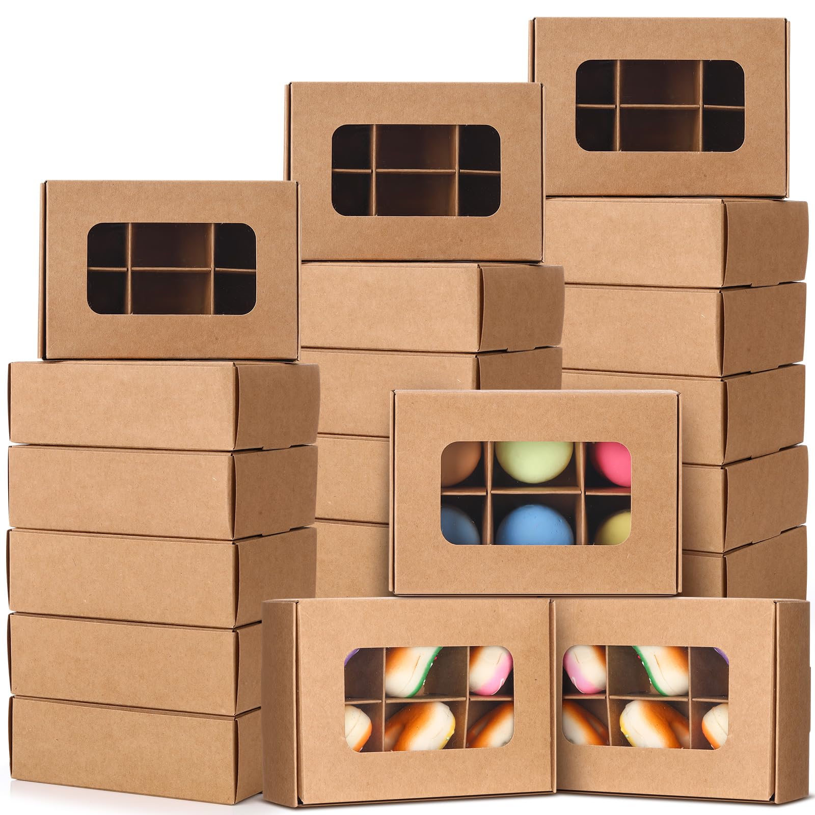 Chivertion 50 Pcs Treat Boxes with Window and Dividers 5 x 3.54 x 1.57 Inches 6 Compartments Empty Candy Truffle Boxes Kraft Cup