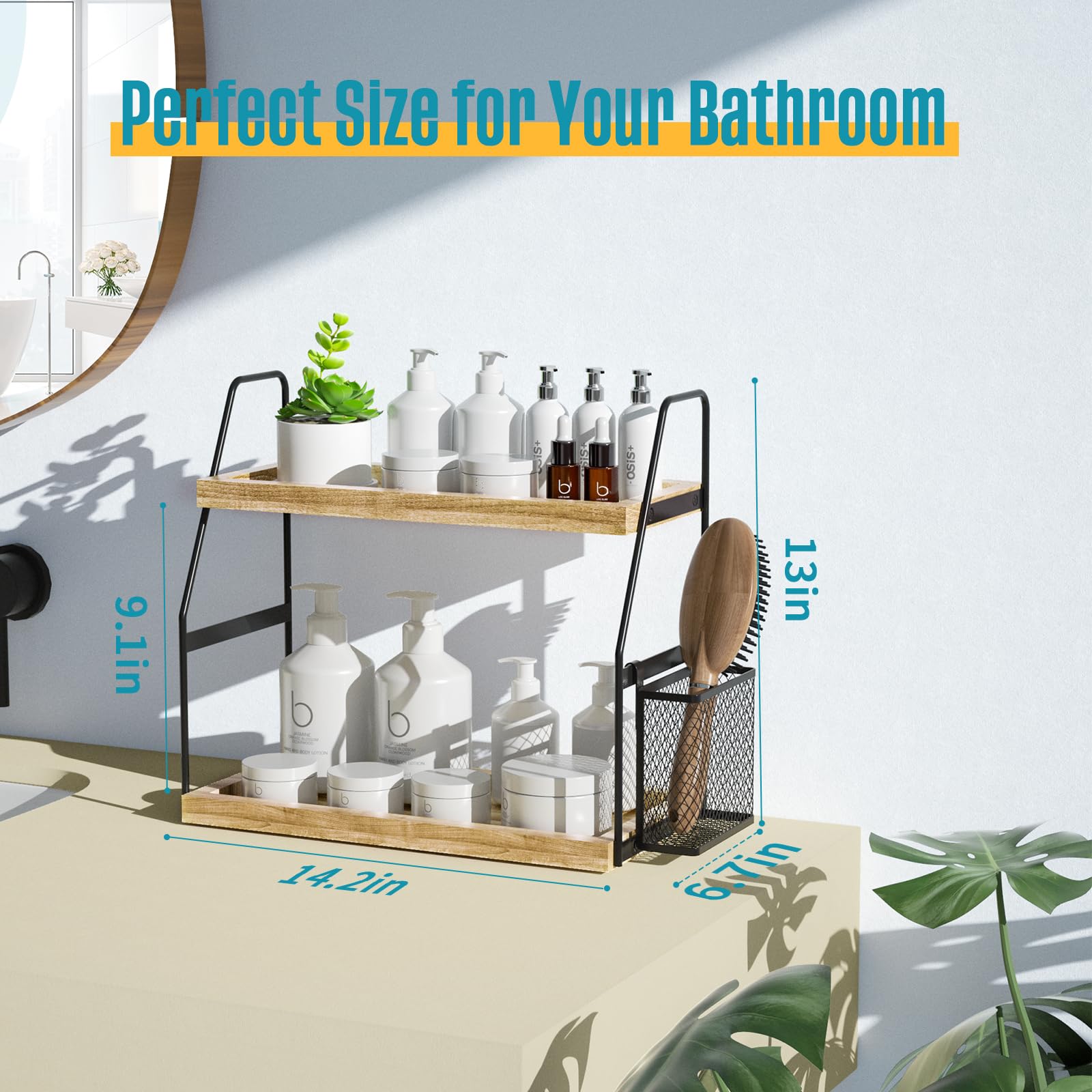 Nroech Bathroom Organizer Countertop  2-Tier Standing Counter Shelf with Basket  Wood Tray for Kitchen Vanity Organizer