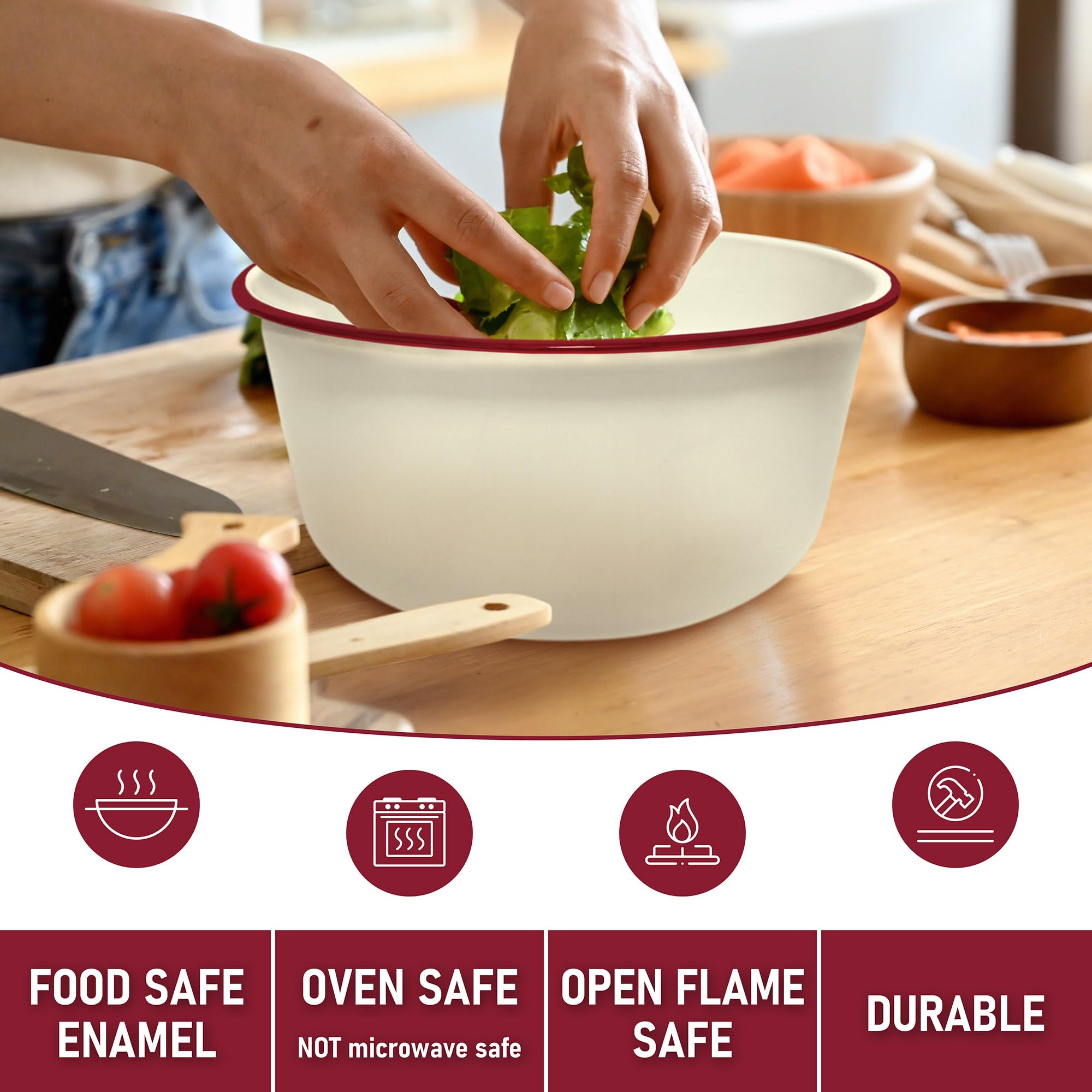 Large Mixing Bowl for Kitchen - Essential White Steel Dish with Red Trim for Salad  Batter  Cream - Great for Serving and Marinating - Dishwasher & Freezer Safe