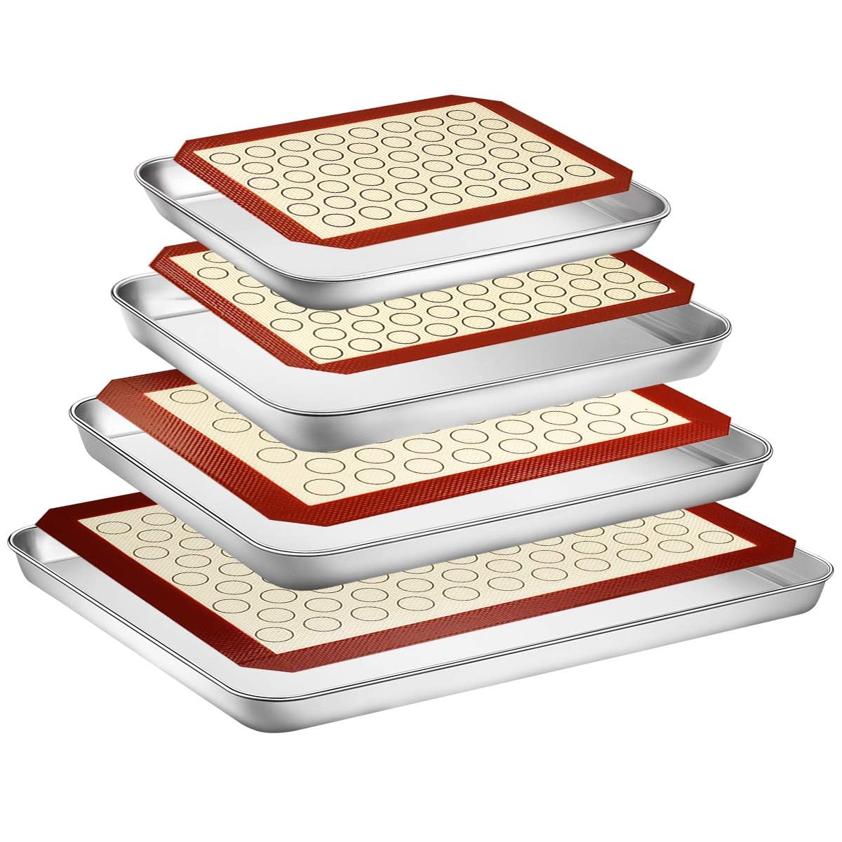 Yododo Baking Sheet With Silicone Mat Set, Set Of 8 (4 Sheets + 4 Mats), Stainless Steel Cookie Sheet Baking Pans With Reusable