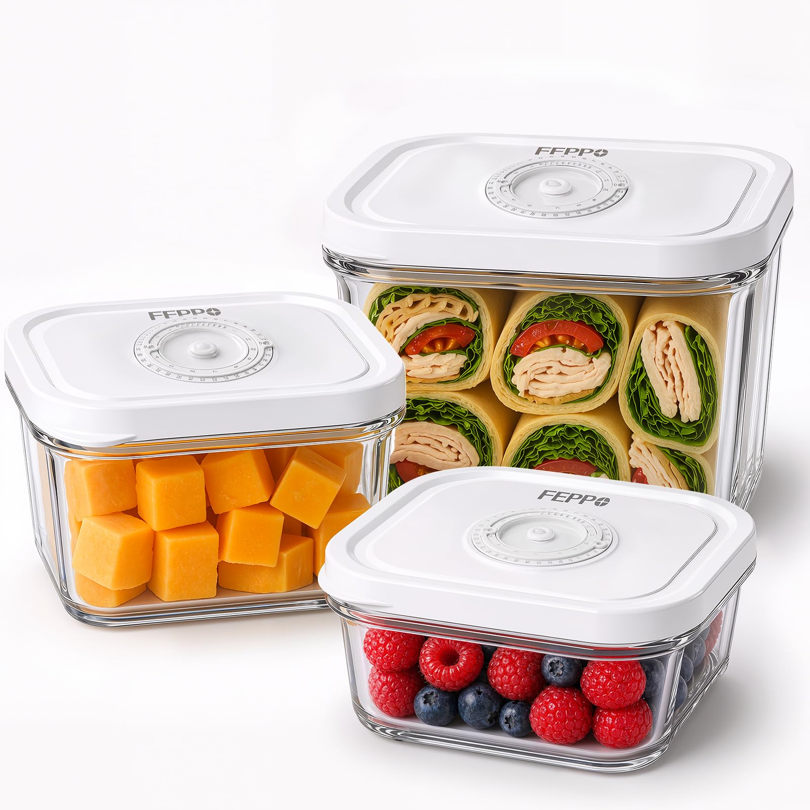 FEPPO Vacuum Sealers Containers for Food Storage, 3 Pcs Set [1* Small, 1* Medium, 1* Large] Works with Handheld Compact Vacuum S