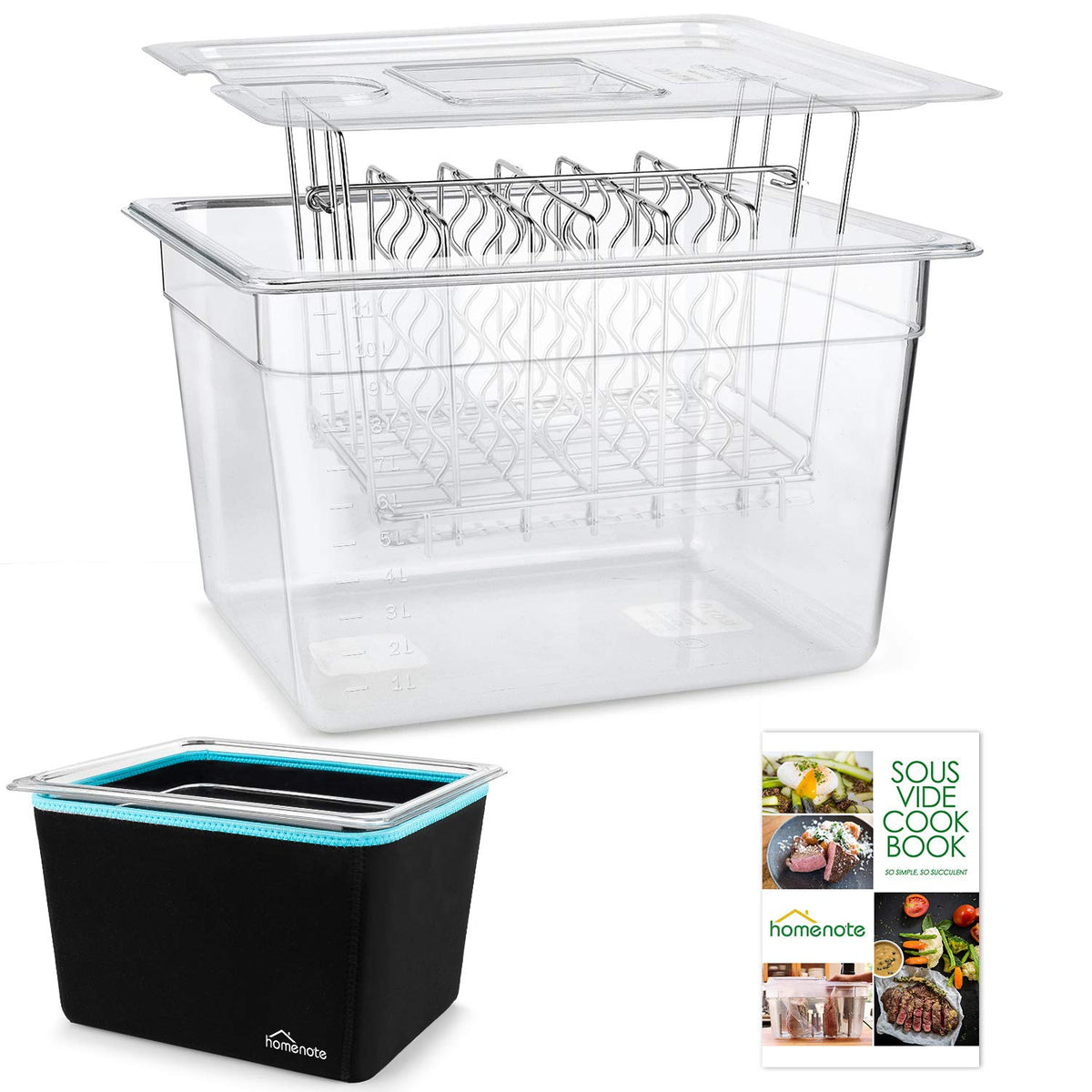 Homenote Container 12 Quart With Lid & Rack And Sleeve - Bpa Free Complete Sous Vide Accessories Kit With Cookbook For Anova And