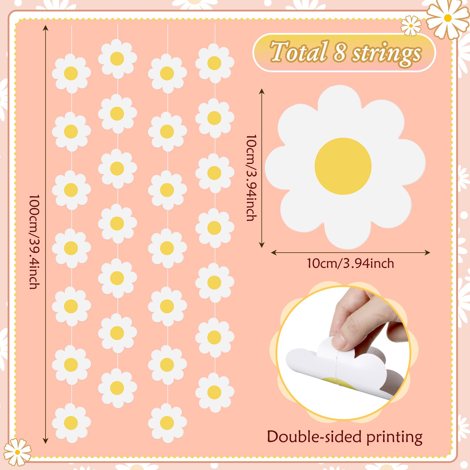 Pasimy 8 Pcs Daisy Boho Party Decorations Groovy Daisy Paper Garlands White Flower Hanging Garland Banner Hippie Flower Cutouts