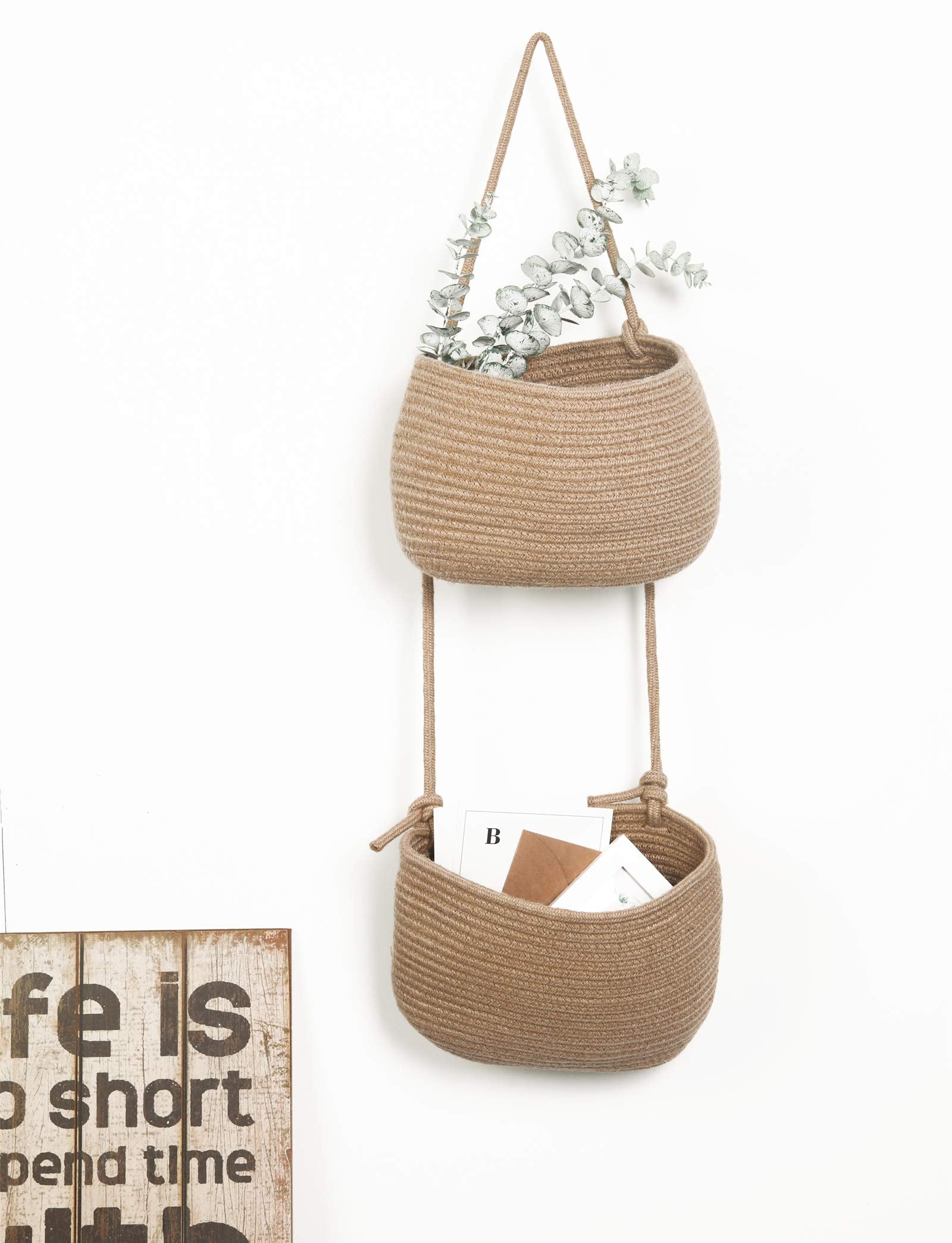Over The Door Hanging Basket, 2 Tier Cotton Rope Woven Wall Basket, Magazine Racks Hanging Organizer, Decorative Hanging Storage