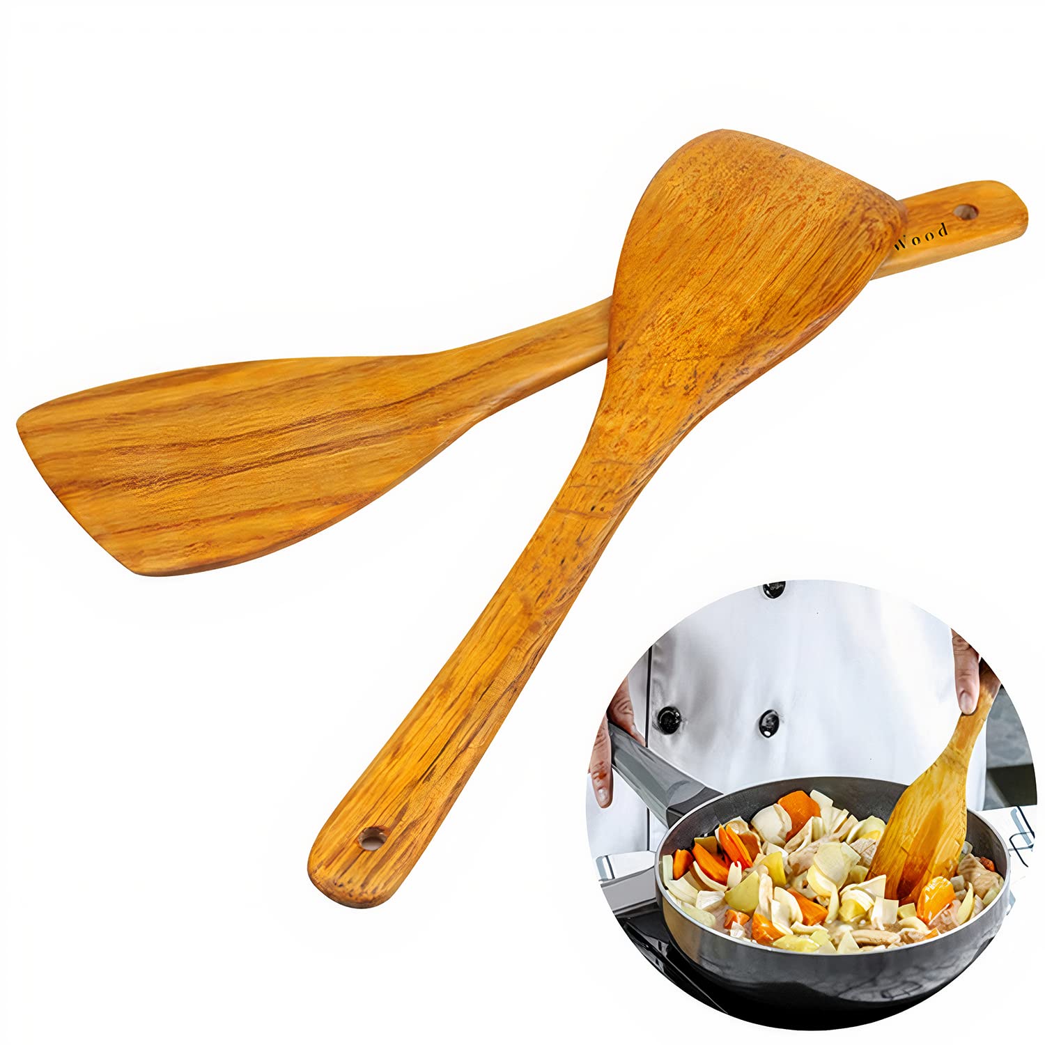 Wooden Spatula For Cooking - 12 Inch Premium Utensils Long Handled, Kitchen Spurtle Set Ideal For Pan And Wok - Wood Turner, Cor