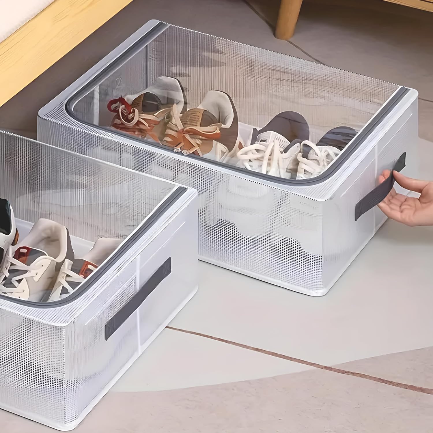 Jukkre Shoe Storage Box, Shoe Organizer For Closet, Clear Plastic Stackable Shoe Boxes, Space Saving Foldable Sneaker Shoe Rack 