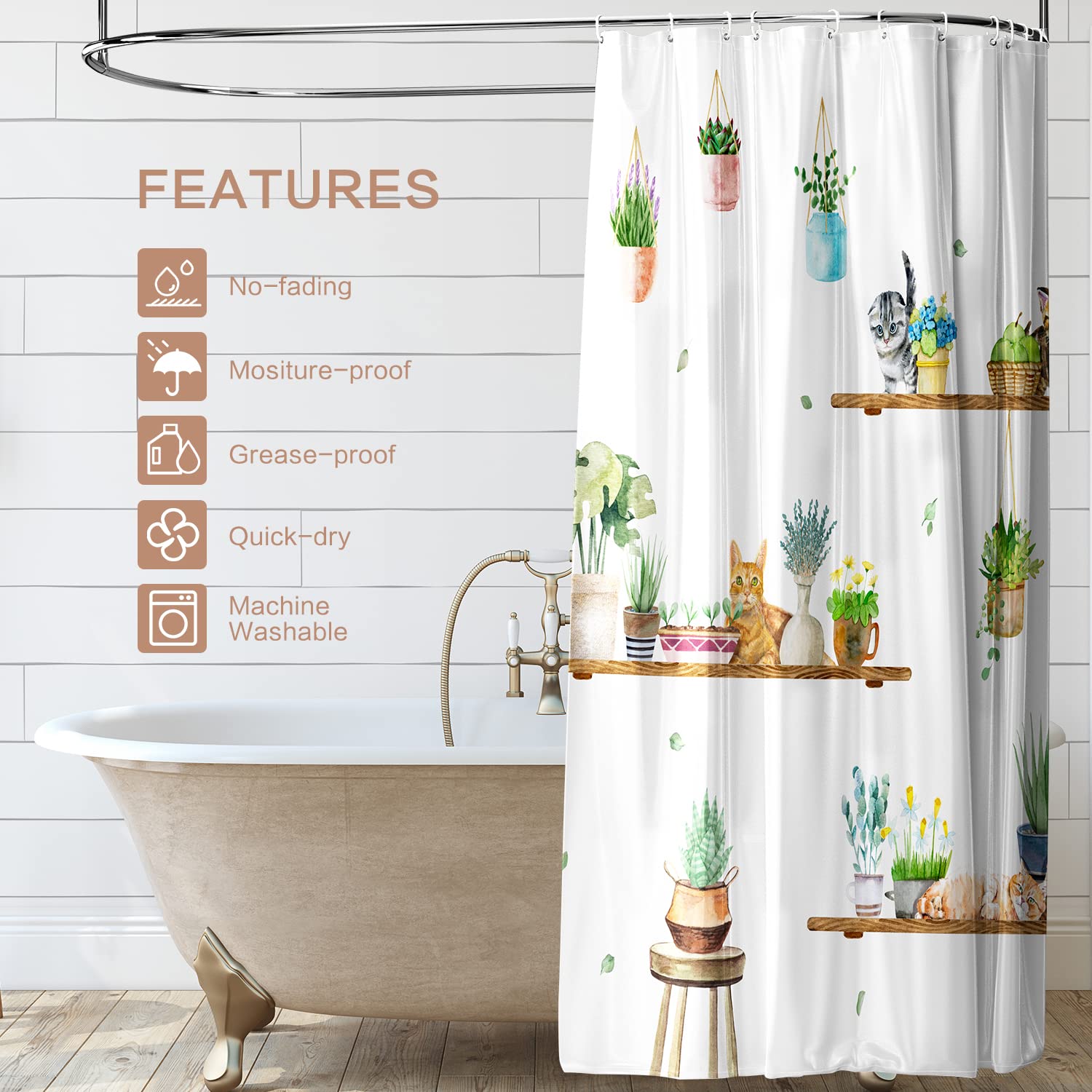 Hanging Potted Plants Cat Shower Curtain, Bracket Plant Kitty Shower Curtain For Bathroom With 12 Hooks, Polyester Fabric Waterp