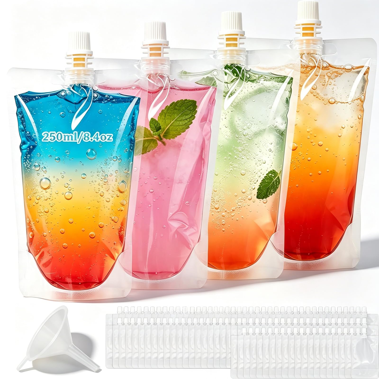 BXUYAOXMC 100Pcs Reusable Plastic Flasks with Funnel, Liquid Pouches 250ml/8.4oz StandUp Leak Proof Drink Pouches, FoodGrade L