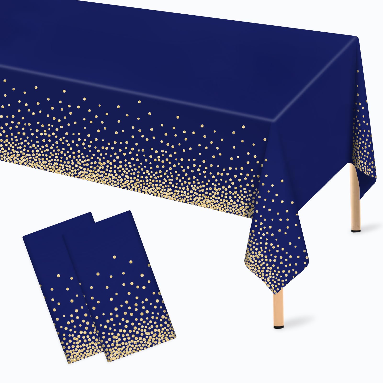2 Pcs Navy Blue and Gold Plastic Tablecloth for Rectangle Table, 54    108 inches Disposable Gold Dot Dark Blue Party Table Cove