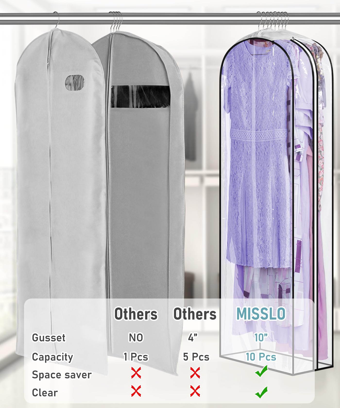 Misslo 10'' Gusseted All Clear Garment Bags For Hanging Clothes 60'' Dress Bags For Gowns Long Hanging Clothes Bag For Closet Dr